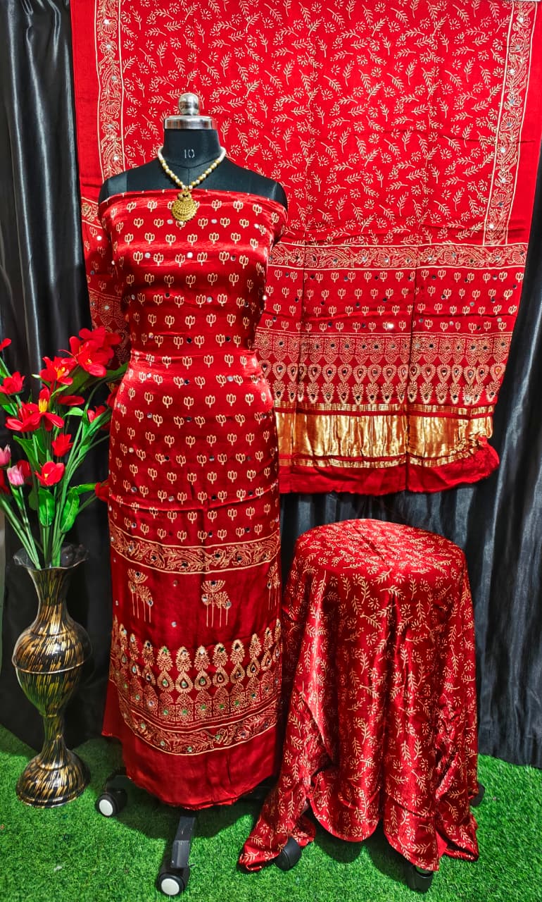 Pure Modal Silk Ajrakh Hand Block & Mirror Work Unstitched Suit .