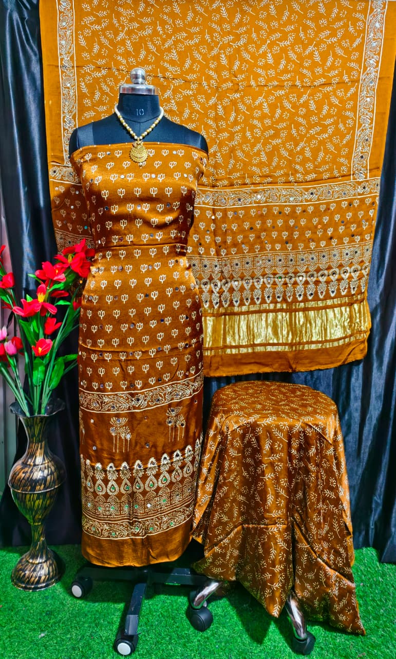 Pure Modal Silk Ajrakh Hand Block & Mirror Work Unstitched Suit .
