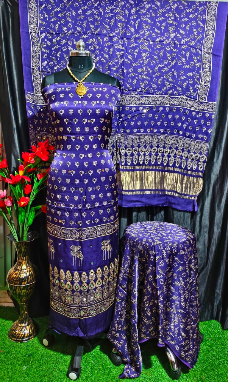 Pure Modal Silk Ajrakh Hand Block & Mirror Work Unstitched Suit .