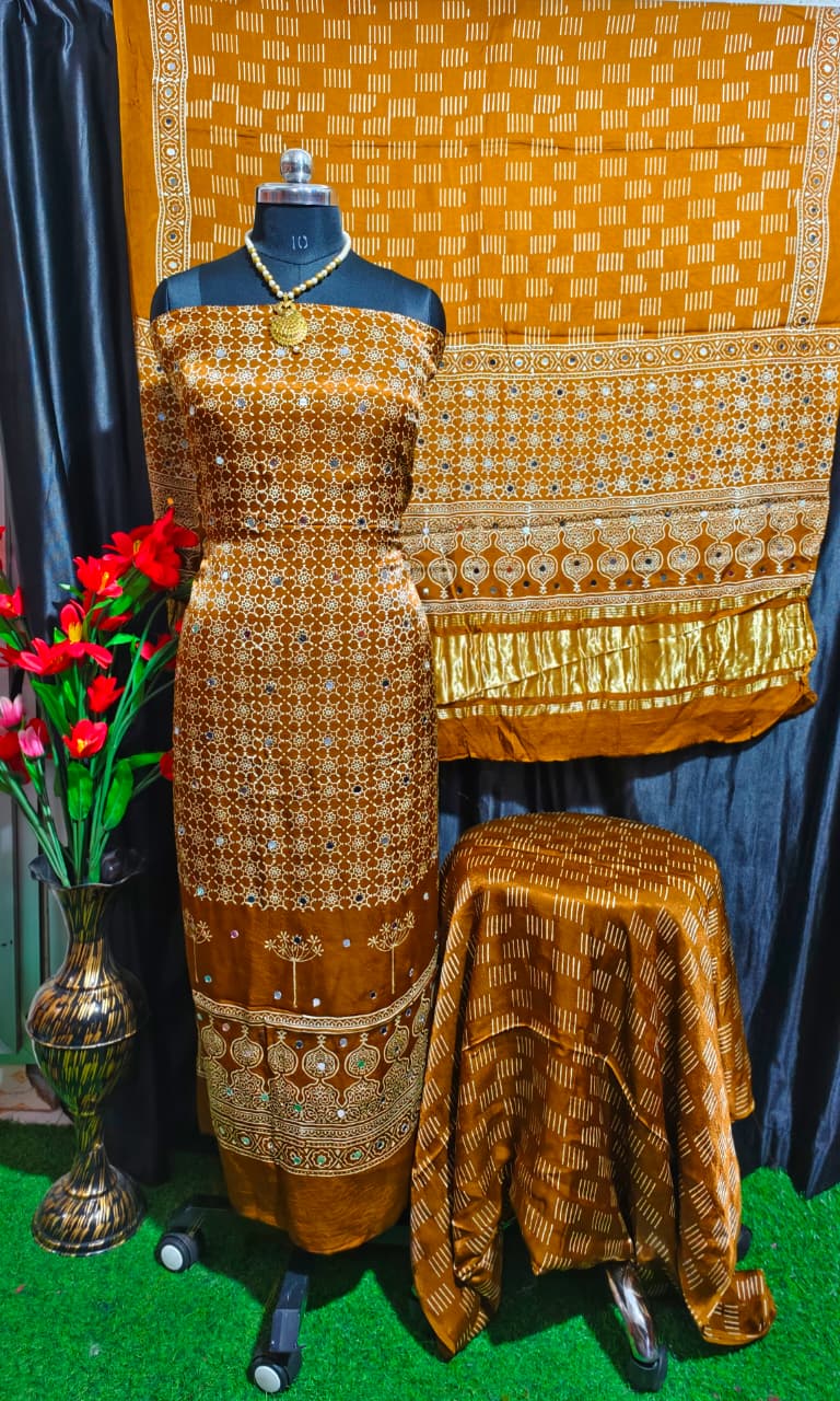 Pure Modal Silk Ajrakh Hand Block & Mirror Work Unstitched Suit .
