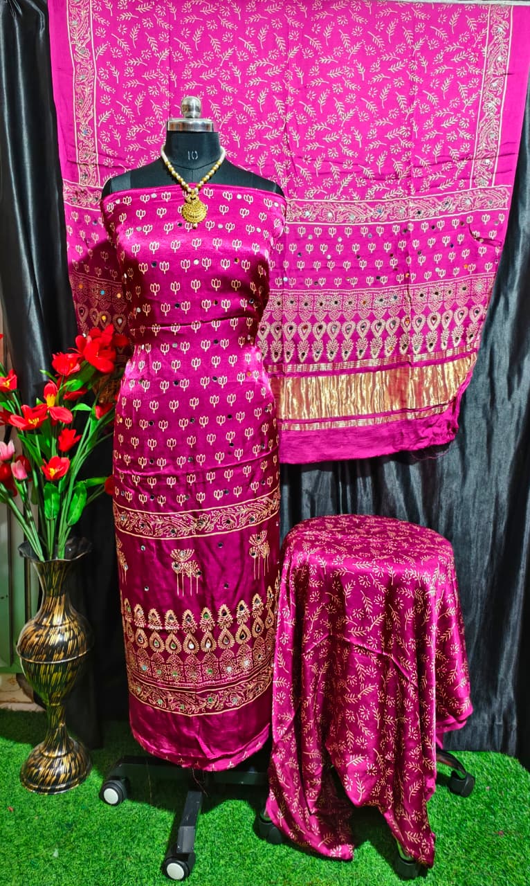 Pure Modal Silk Ajrakh Hand Block & Mirror Work Unstitched Suit .