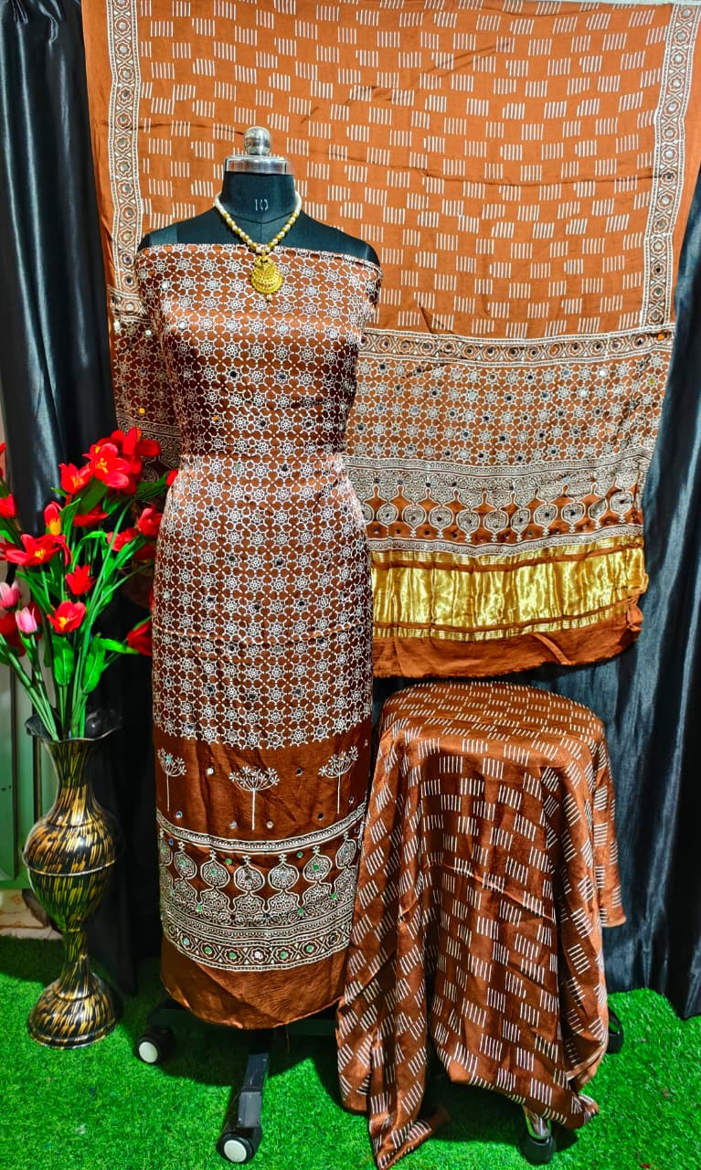 Pure Modal Silk Ajrakh Hand Block & Mirror Work Unstitched Suit .