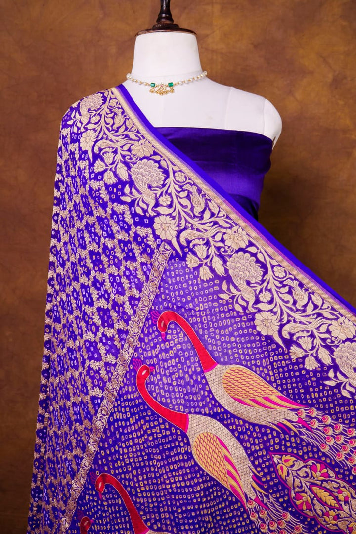 Pure Khaddi georgette Saree With Tilfi Meeanakari Bandhani Work and Peacock Palla