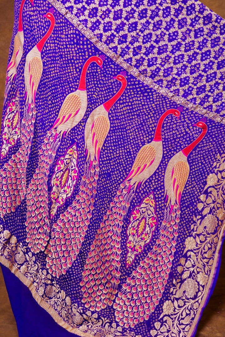 Pure Khaddi georgette Saree With Tilfi Meeanakari Bandhani Work and Peacock Palla