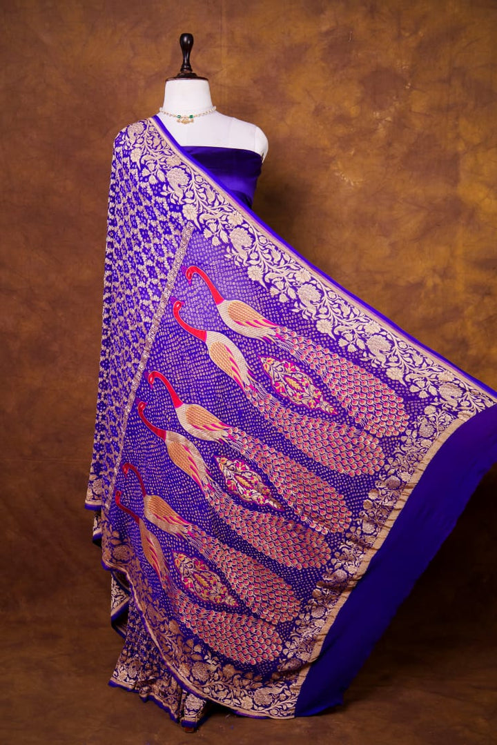 Pure Khaddi georgette Saree With Tilfi Meeanakari Bandhani Work and Peacock Palla