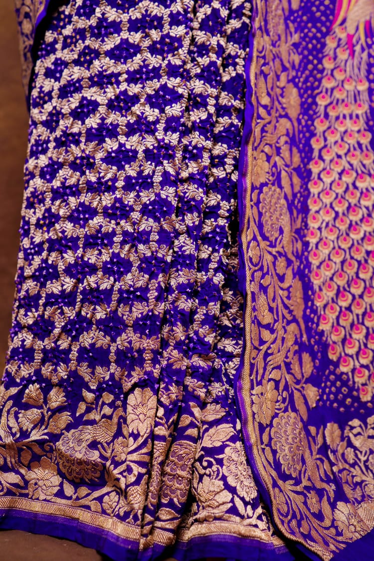 Pure Khaddi georgette Saree With Tilfi Meeanakari Bandhani Work and Peacock Palla