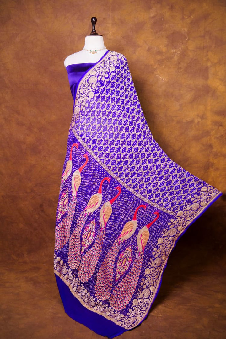Pure Khaddi georgette Saree With Tilfi Meeanakari Bandhani Work and Peacock Palla