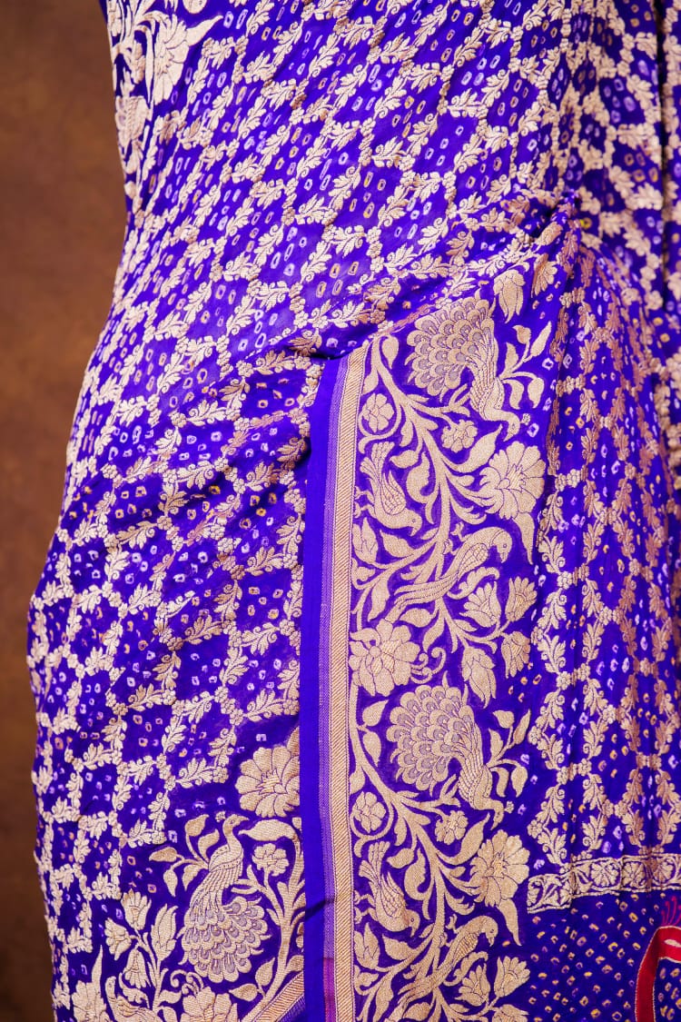 Pure Khaddi georgette Saree With Tilfi Meeanakari Bandhani Work and Peacock Palla