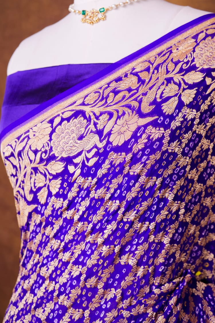 Pure Khaddi georgette Saree With Tilfi Meeanakari Bandhani Work and Peacock Palla