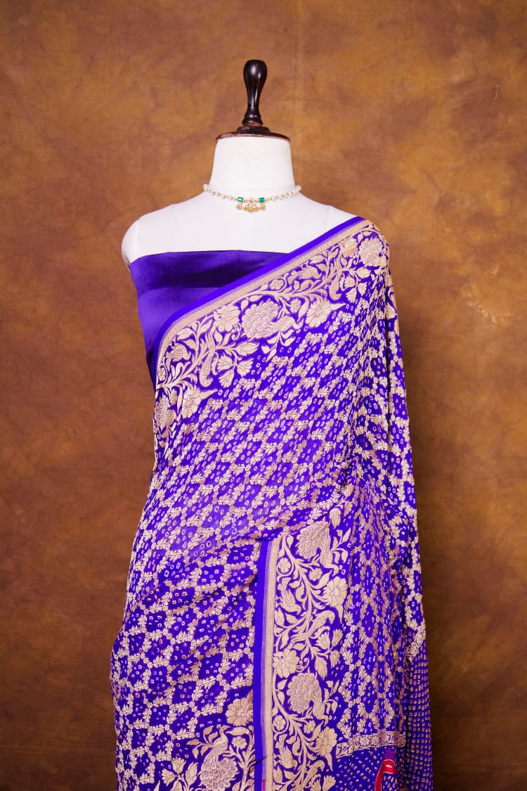 Pure Khaddi georgette Saree With Tilfi Meeanakari Bandhani Work and Peacock Palla