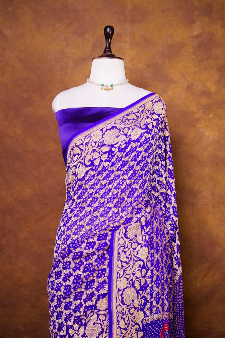 Pure Khaddi georgette Saree With Tilfi Meeanakari Bandhani Work and Peacock Palla