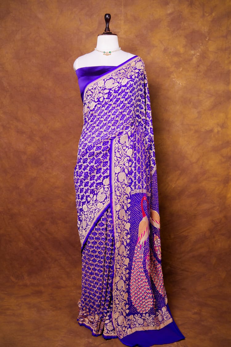 Pure Khaddi georgette Saree With Tilfi Meeanakari Bandhani Work and Peacock Palla