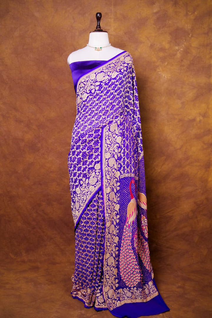 Pure Khaddi georgette Saree With Tilfi Meeanakari Bandhani Work and Peacock Palla