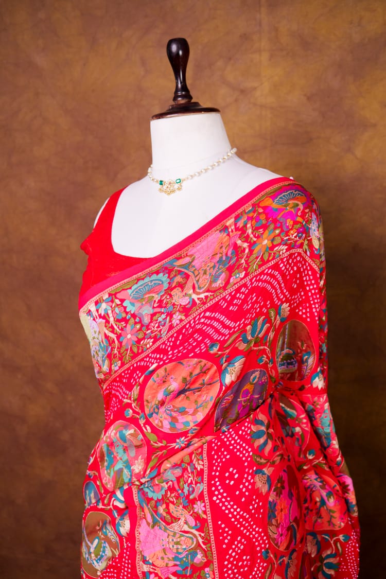 Pure Khaddi georgette Bandhani Work Saree With Shikaragarh Pattern