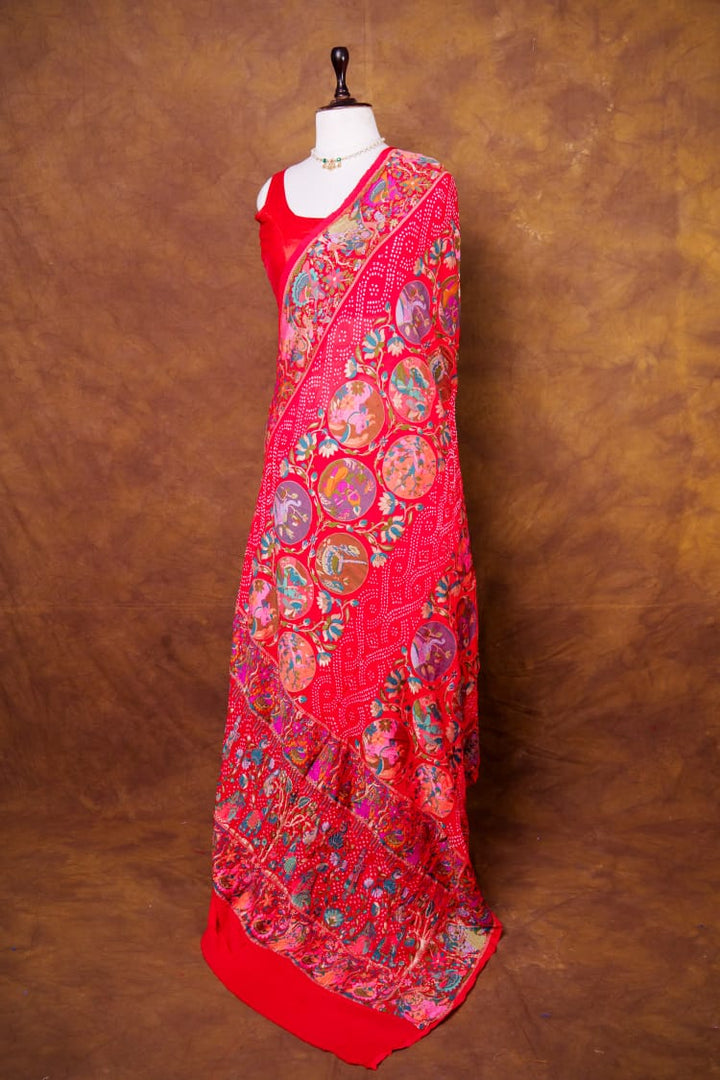 Pure Khaddi georgette Bandhani Work Saree With Shikaragarh Pattern