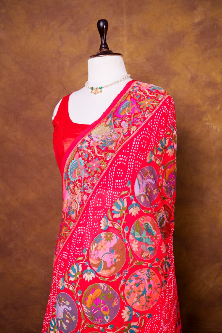 Pure Khaddi georgette Bandhani Work Saree With Shikaragarh Pattern
