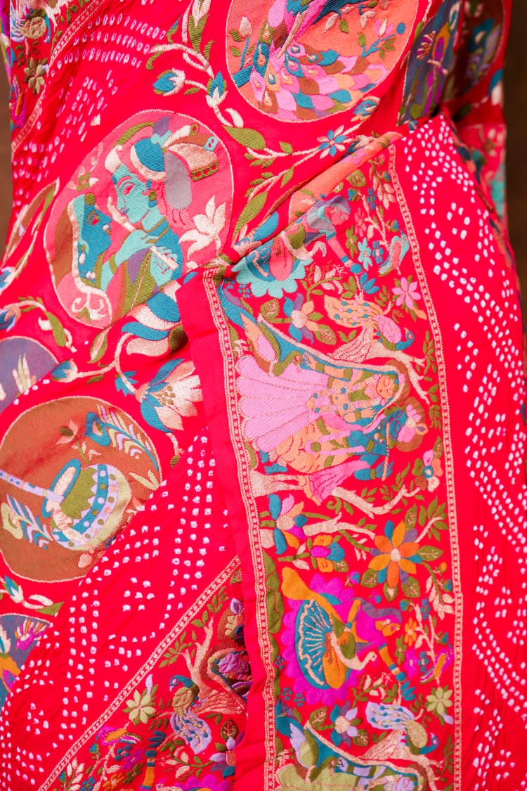 Pure Khaddi georgette Bandhani Work Saree With Shikaragarh Pattern