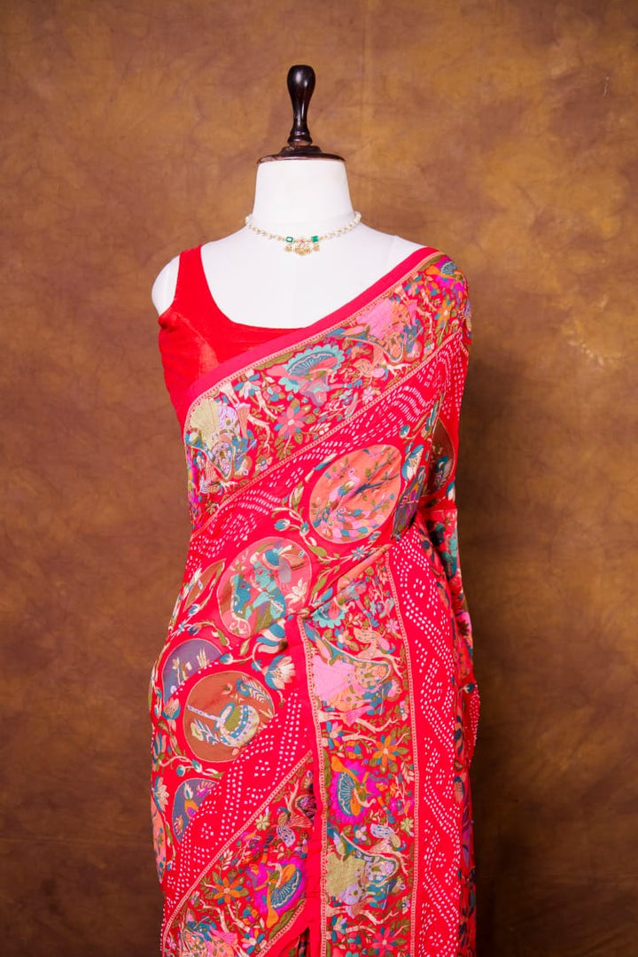 Pure Khaddi georgette Bandhani Work Saree With Shikaragarh Pattern