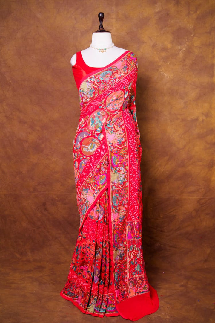 Pure Khaddi georgette Bandhani Work Saree With Shikaragarh Pattern