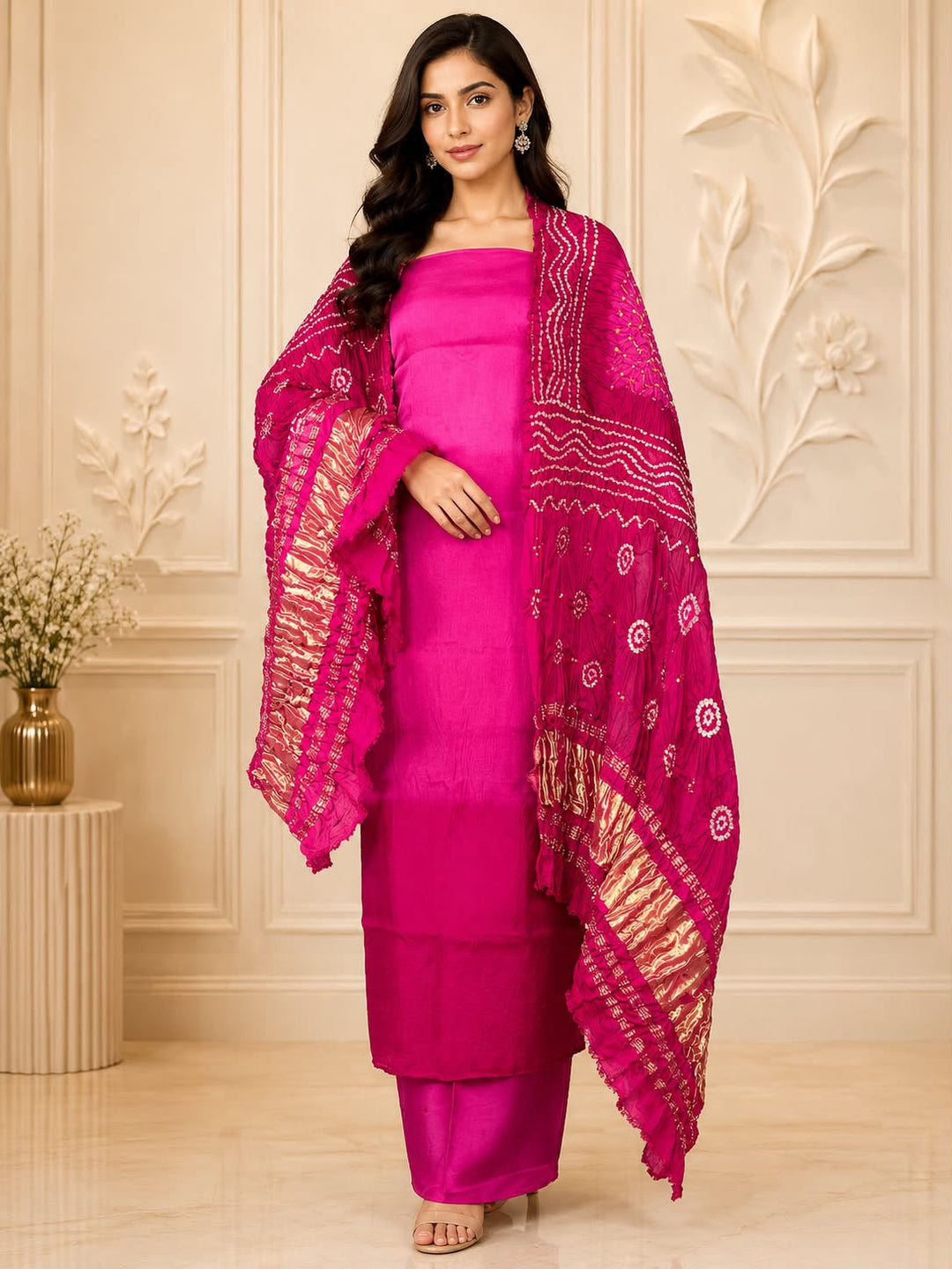 Pure Modal Silk Unstitched Suit with Chandrokhani print  Dupatta .