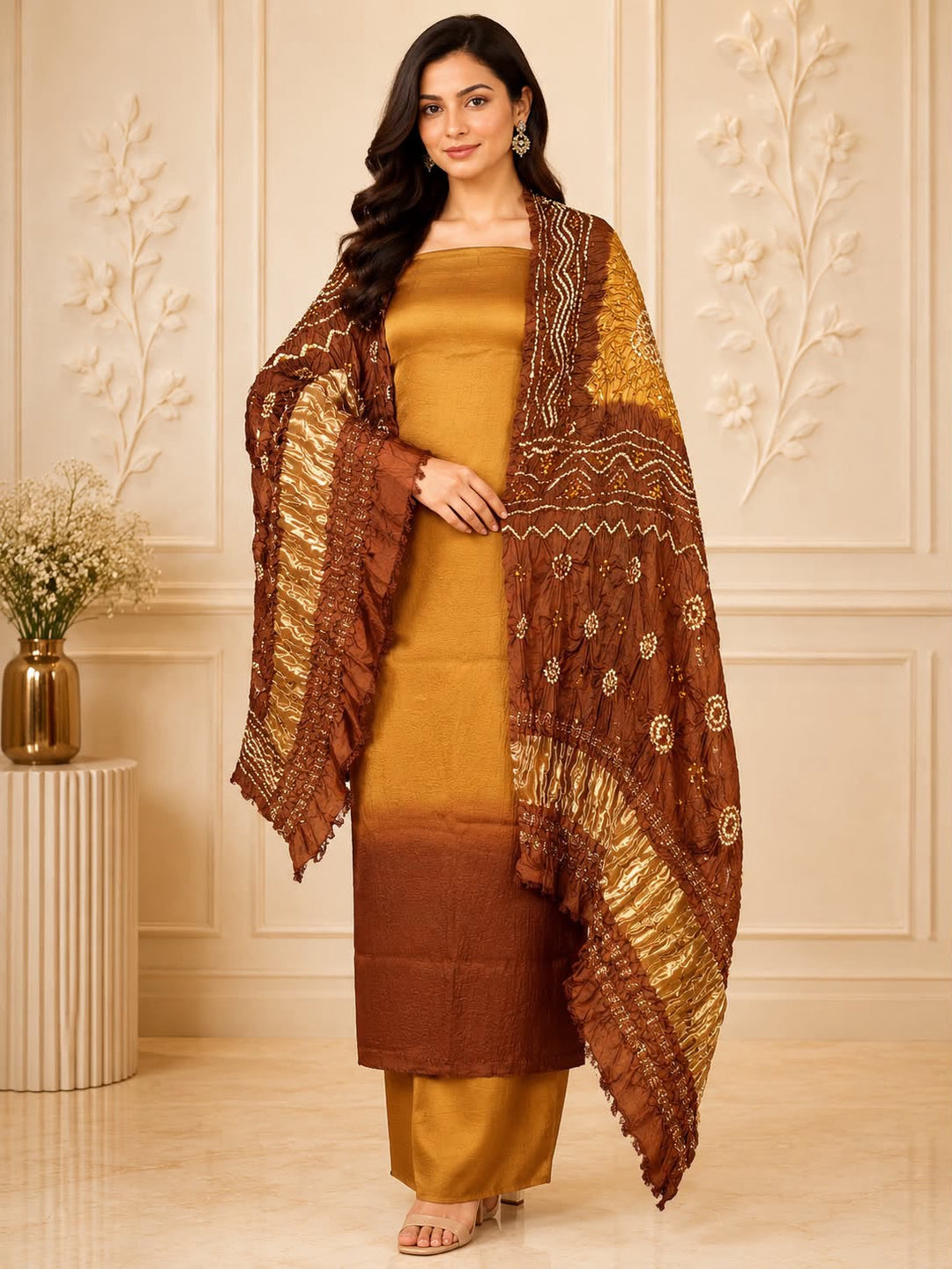 Pure Modal Silk Unstitched Suit with Chandrokhani print  Dupatta .