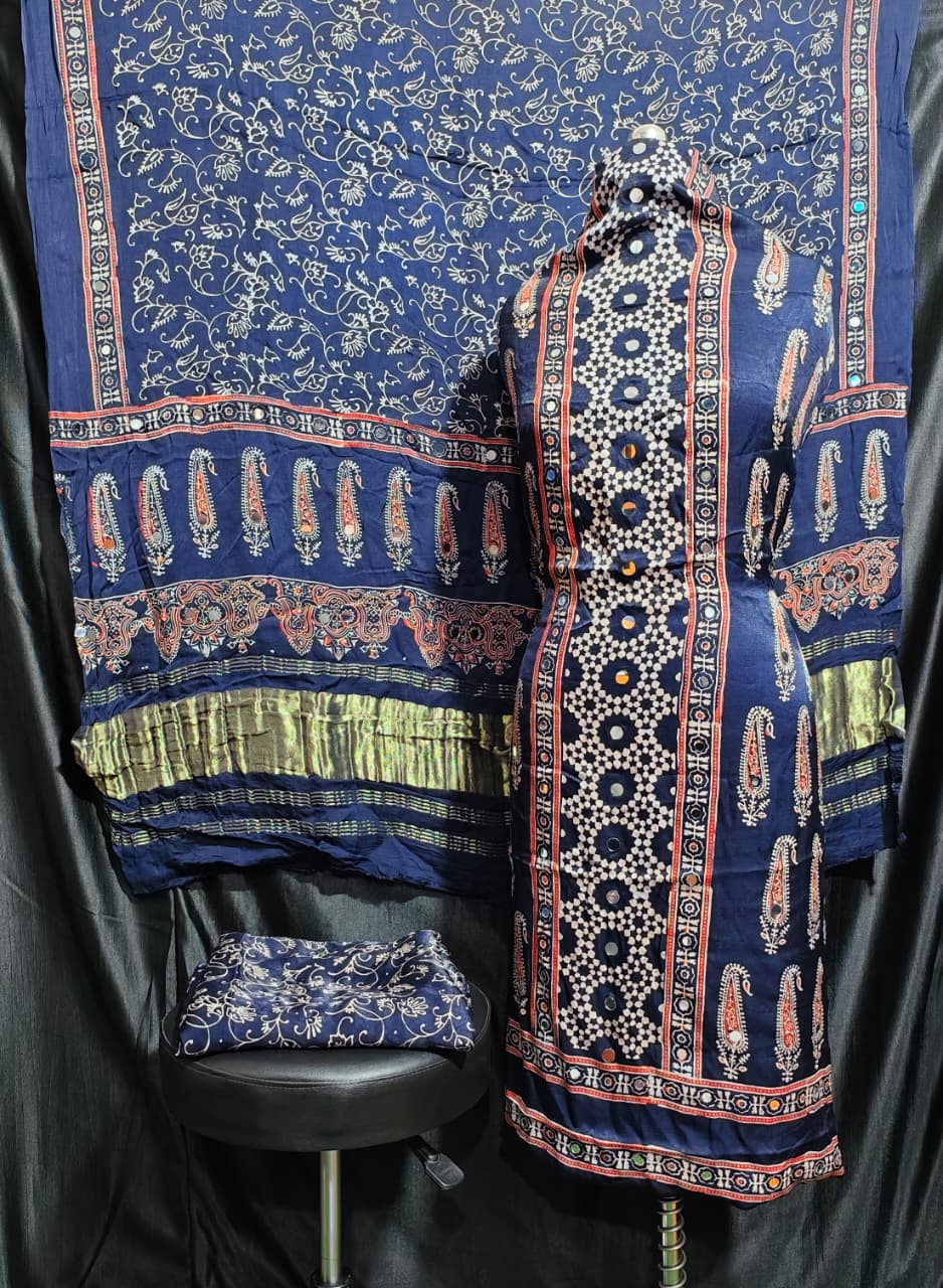 Pure Modal Silk Ajrakh Hand Block & Mirror Work Unstitched Suit .