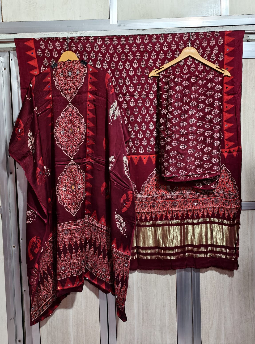 Pure Modal Silk Ajrakh Hand Block & Mirror Work Unstitched Suit .