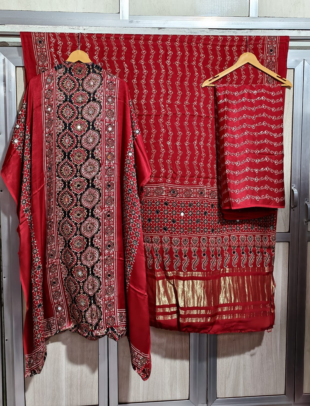 Pure Modal Silk Ajrakh Hand Block & Mirror Work Unstitched Suit .