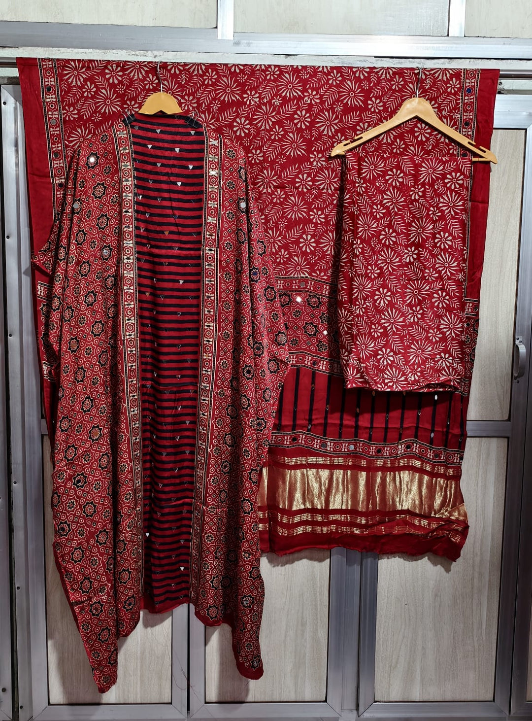 Pure Modal Silk Ajrakh Hand Block & Mirror Work Unstitched Suit .