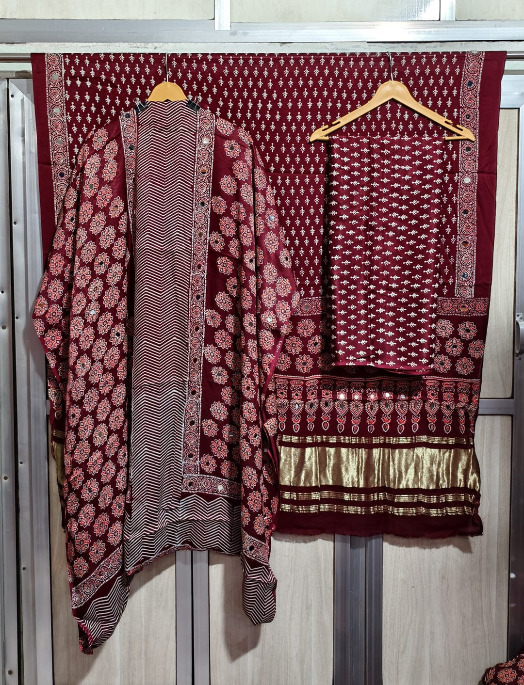 Pure Modal Silk Ajrakh Hand Block & Mirror Work Unstitched Suit .
