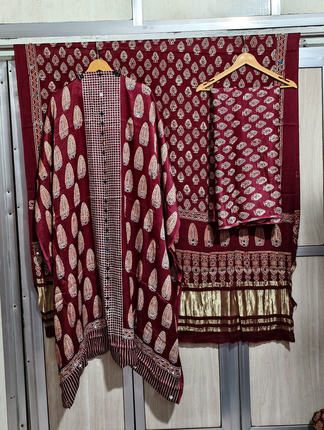 Pure Modal Silk Ajrakh Hand Block & Mirror Work Unstitched Suit .