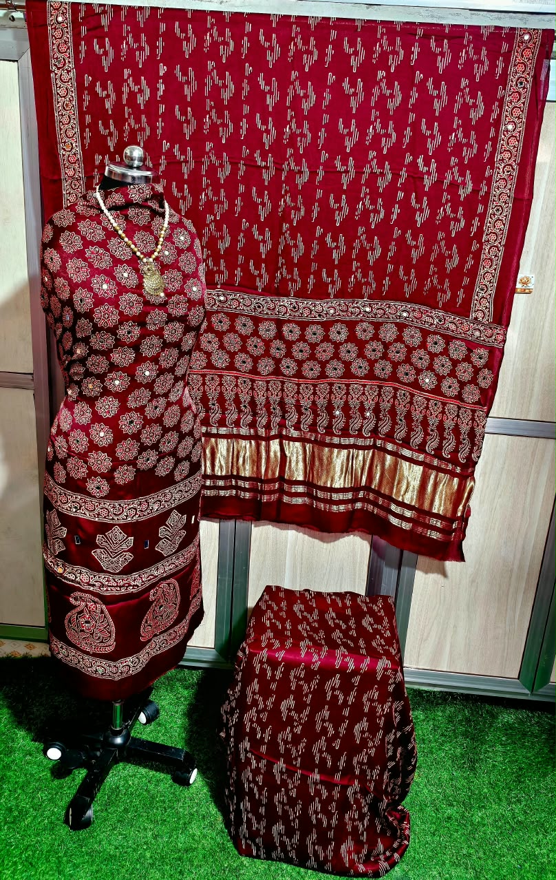 Pure Modal Silk Ajrakh Hand Block & Mirror Work Unstitched Suit .