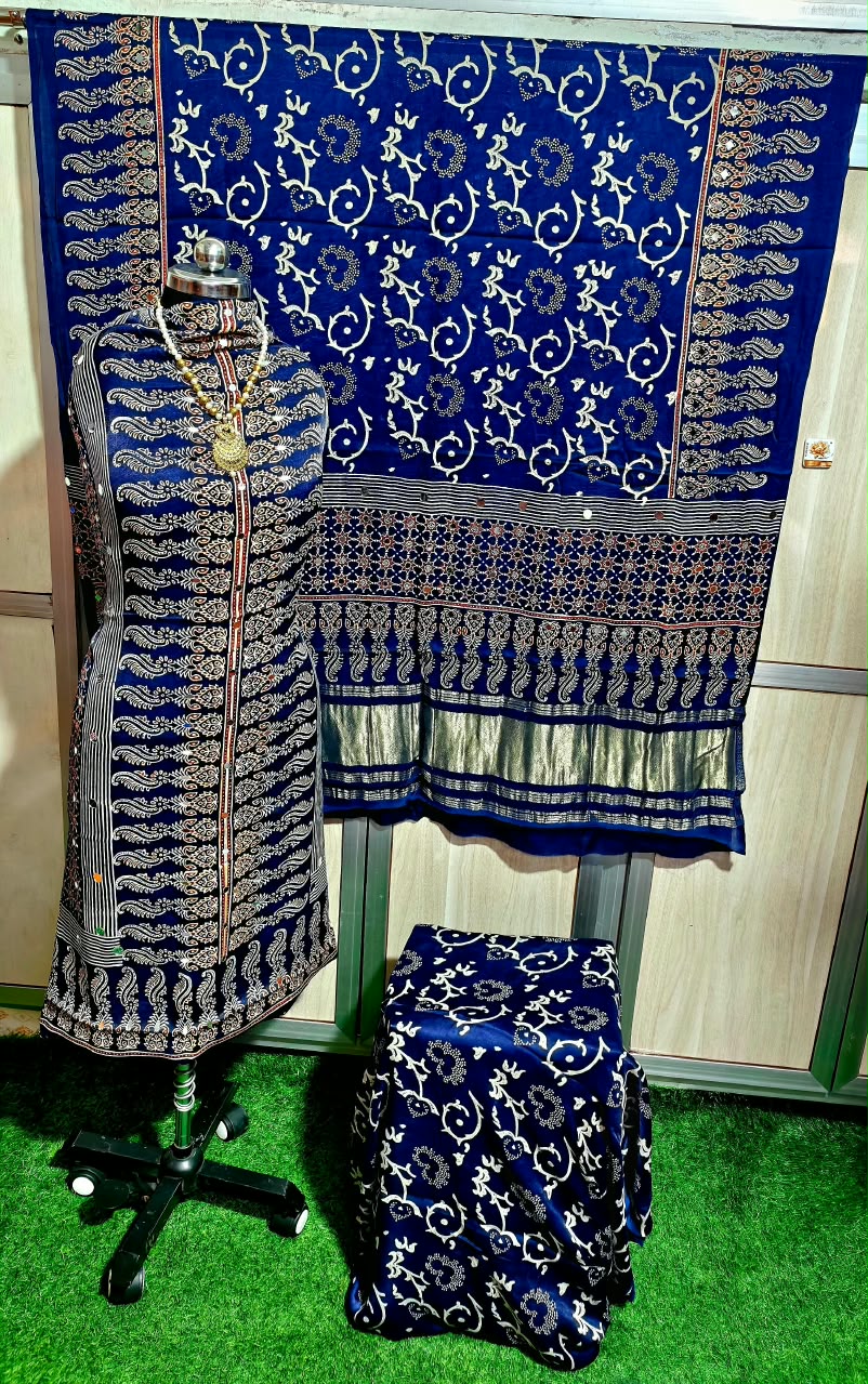Pure Modal Silk Ajrakh Hand Block & Mirror Work Unstitched Suit .