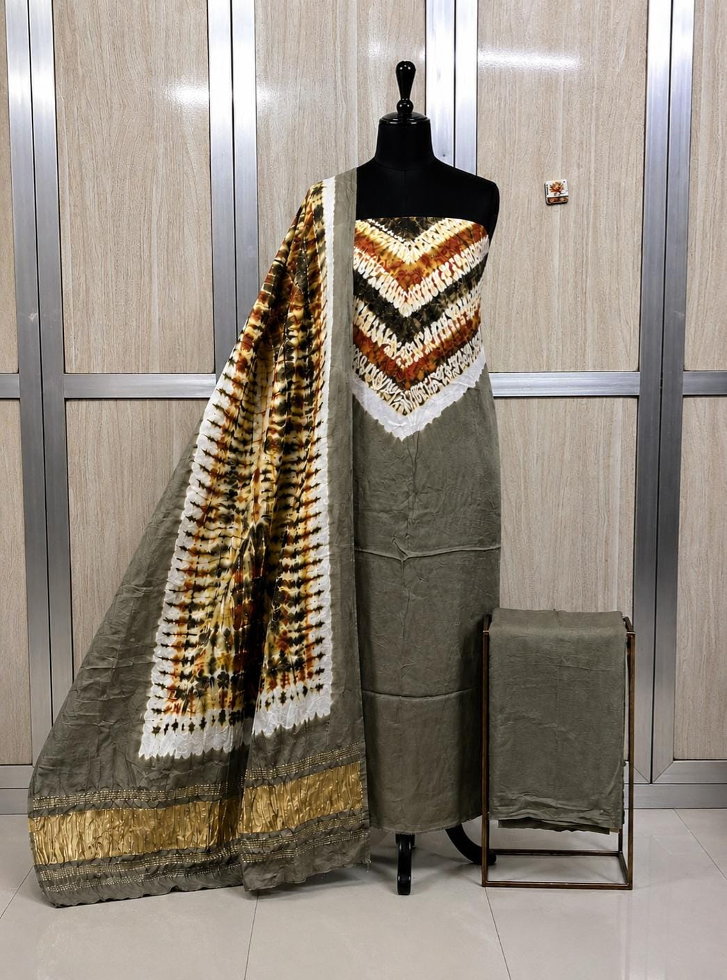 Pure Modal Silk Shibori Print unstitched Suit.