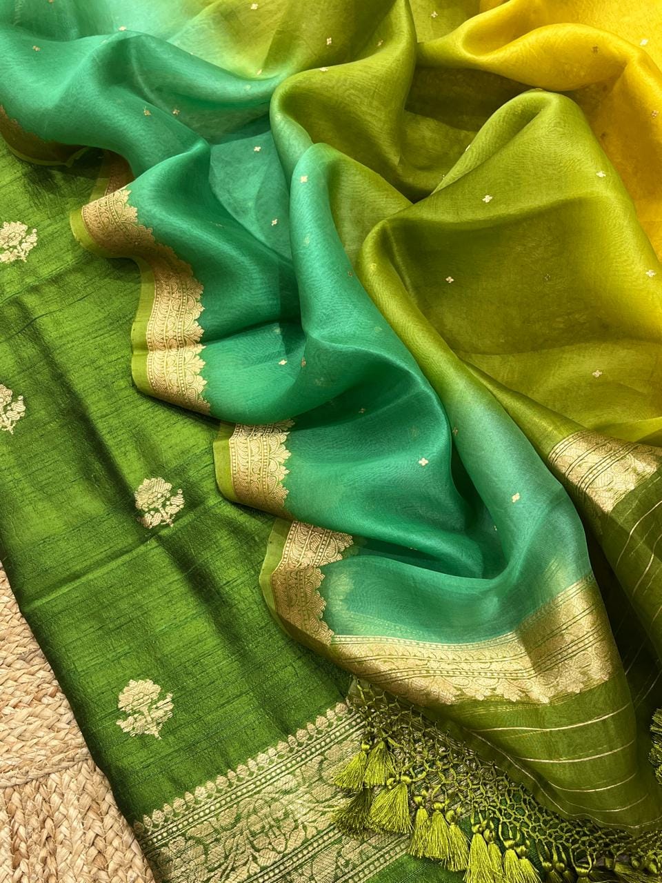 Pure Banarasi Raw Mango Silk Zari Weaved Unstitched Suit with Pure Khaddi Organza Dupatta.