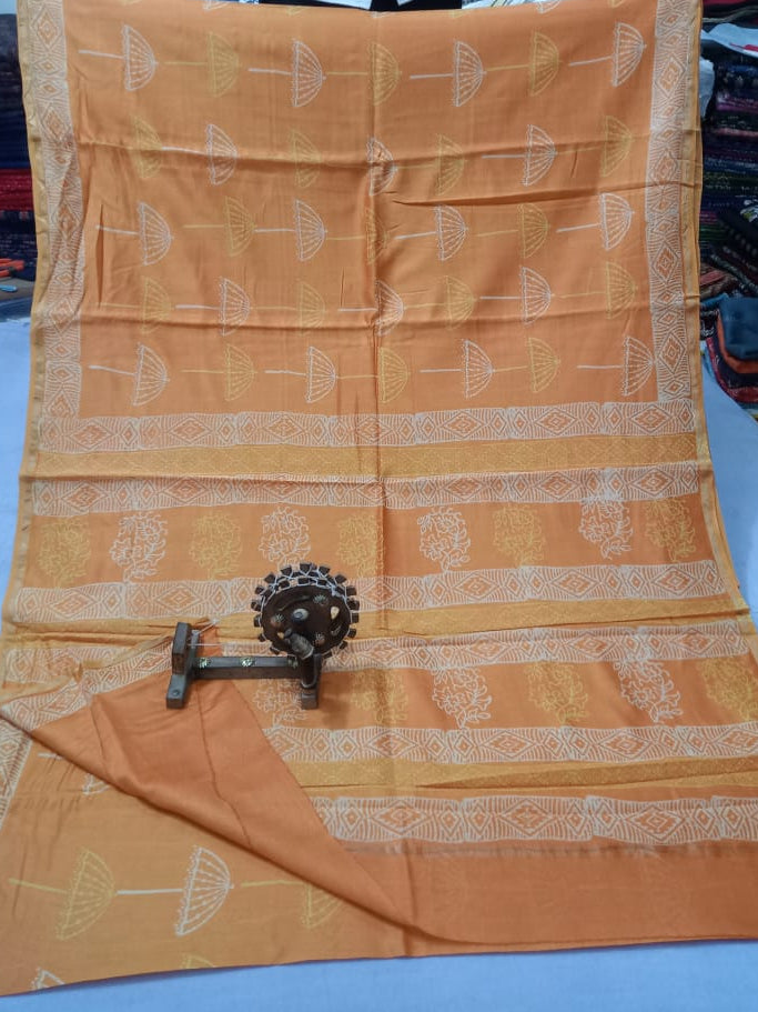 Pure Chanderi Silk Hand Block Print Saree.