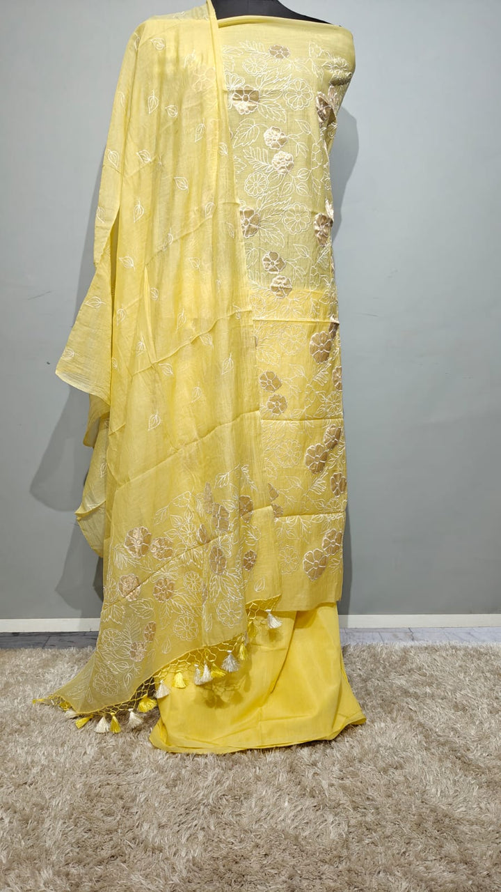 Pure Banarasi Chanderi Silk Unstitched SUit with Applique Work