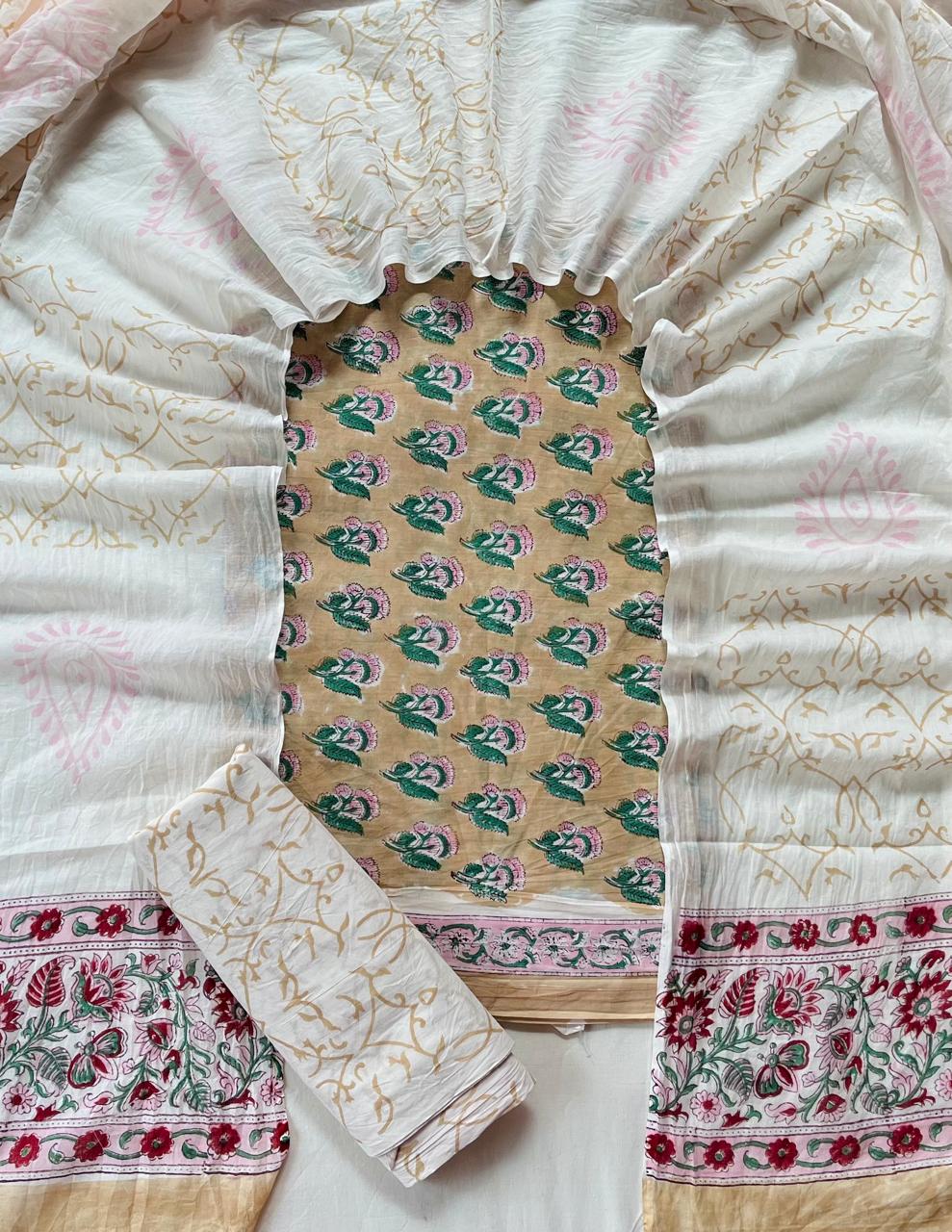 Pure Cotton Hand Block Print Unstitched Suit With Cotton Dupatta