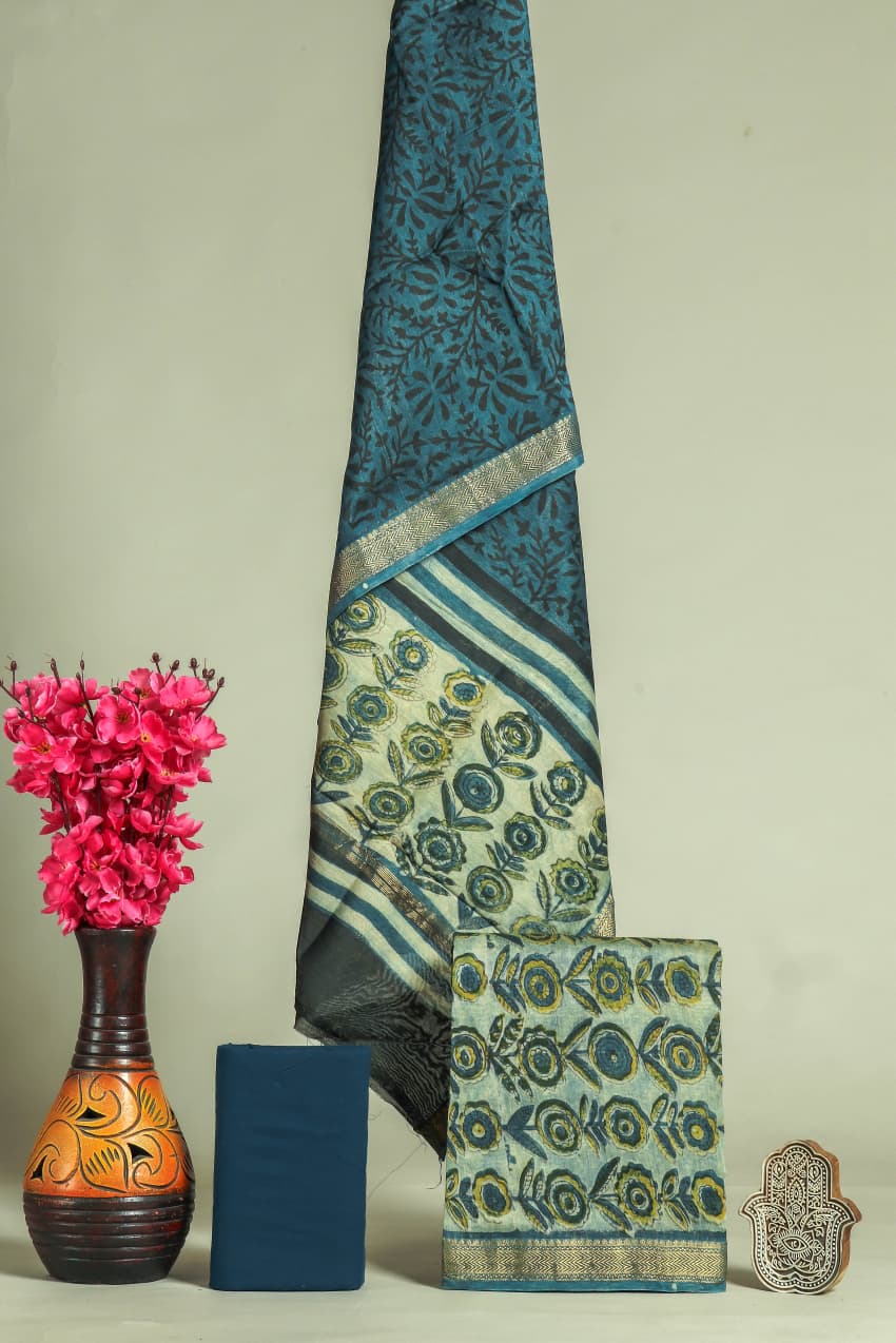 Pure Maheshwari Silk Hand block print Unstitched Suit.