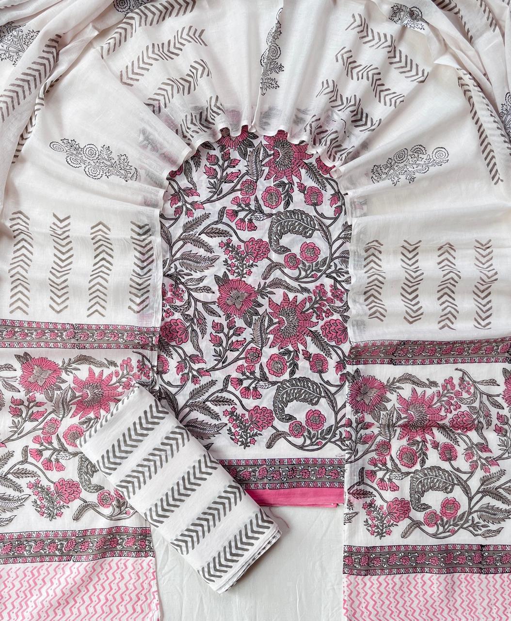 Pure Cotton Hand Block Print Unstitched Suit With Cotton Dupatta