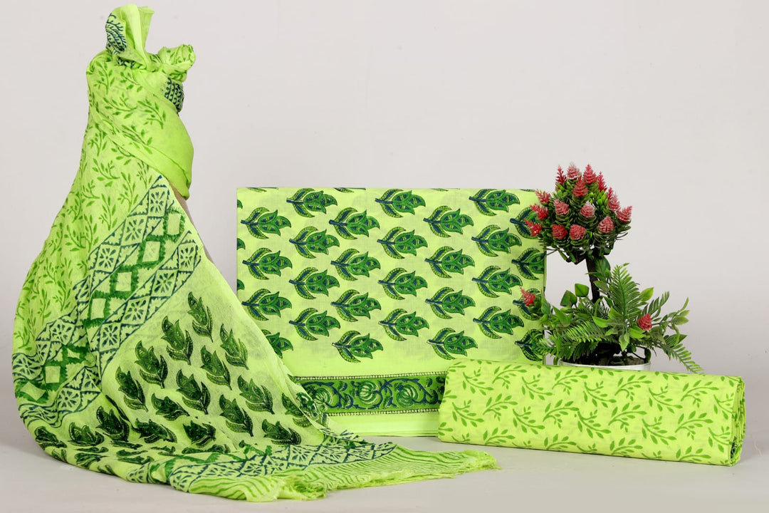 Pure Cotton Hand Block Print Unstitched Suit With Chiffon Dupatta . fab-persona
