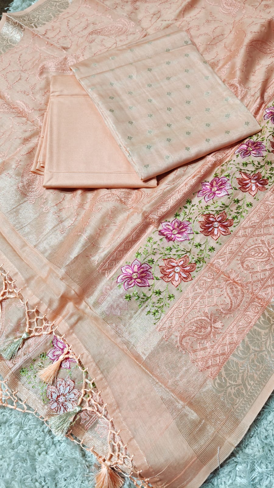 Banarasi Chanderi Silk zari  Work Unstitched Suit .Embroidery work Dupatta.