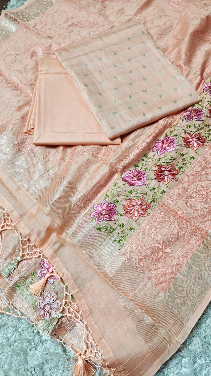 Banarasi Chanderi Silk zari  Work Unstitched Suit .Embroidery work Dupatta.