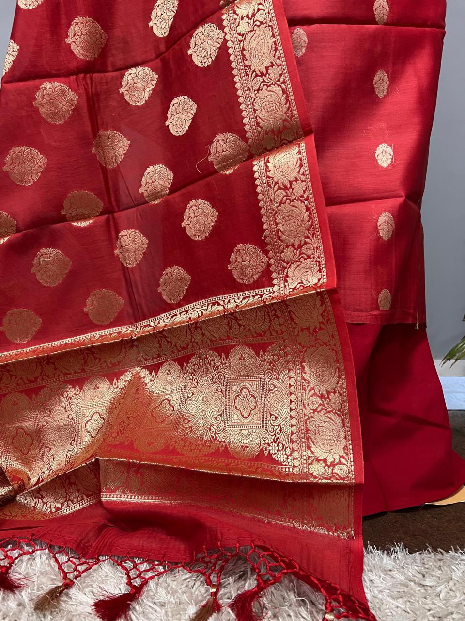 Pure Banarasi Resham Chanderi Silk Zari Weaved Suit With Chanderi silk Dupatta.