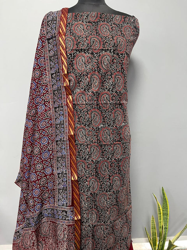 Pure Cotton Hand Block Print Unstitched Suit With Cotton Dupatta