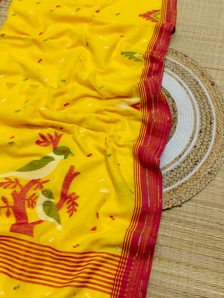 Pure Cotton Handloom Jamdani Bird Motif Saree With Blouse