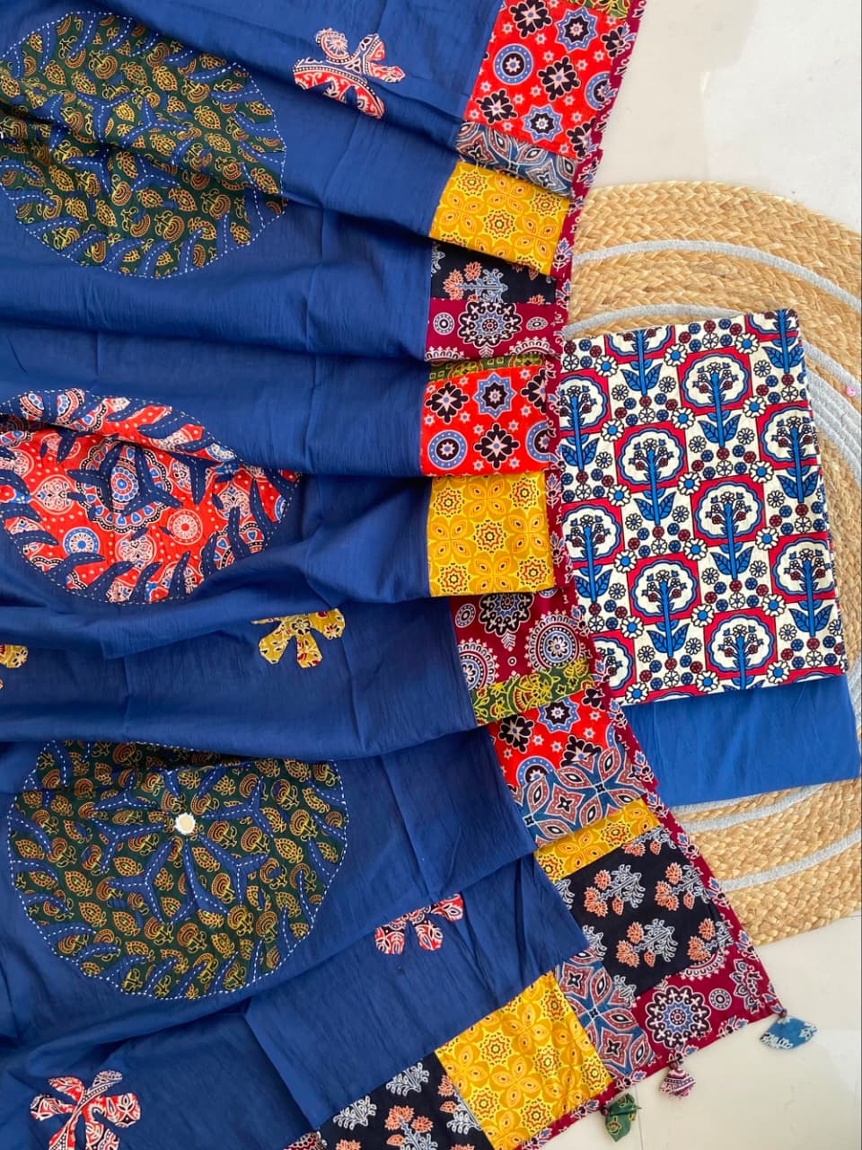 Pure Cotton Azrakh Print Unstitched Suit With Applique Work Dupatta