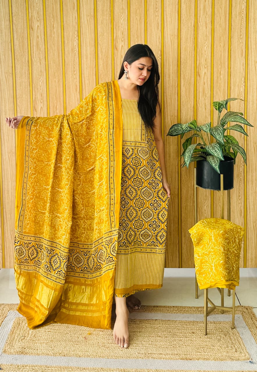 Pure Modal Silk Ajrakh Hand Block Zari Pallu Weaved 3pc Unstitched Suit