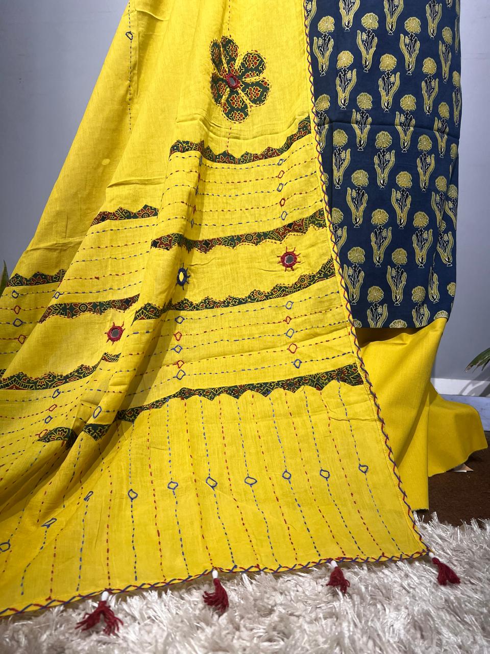 Pure Cotton Azrakh Print Unstitched suit With katha work Dupatta