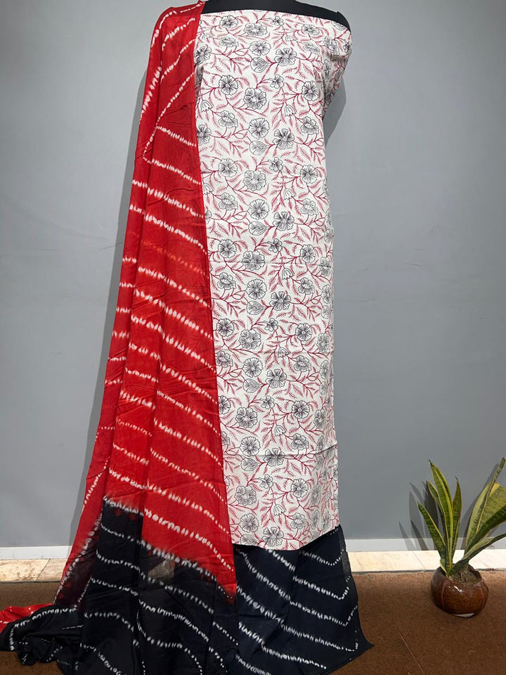 Pure Cotton Hand Block Print Unstitched Suit With Cotton Dupatta